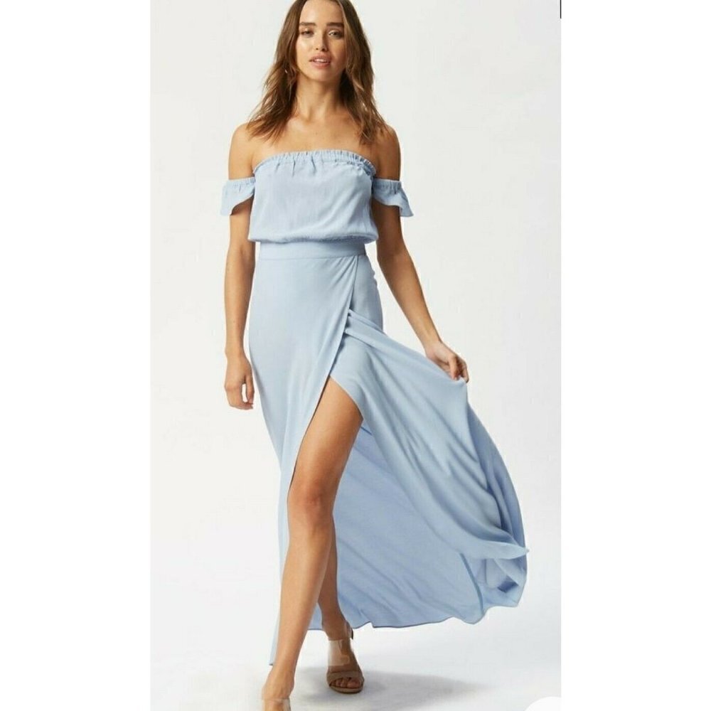 New Flynn Skye Bella Maxi Dress Womens L Light Blue Slit Off Shoulder